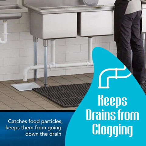 8.5 Inch Floor Sink Drain Cover And Drain Basket For Restaurants, Catches Food Scraps With 0.19 Inch Holes, below a sink in a kitchen
