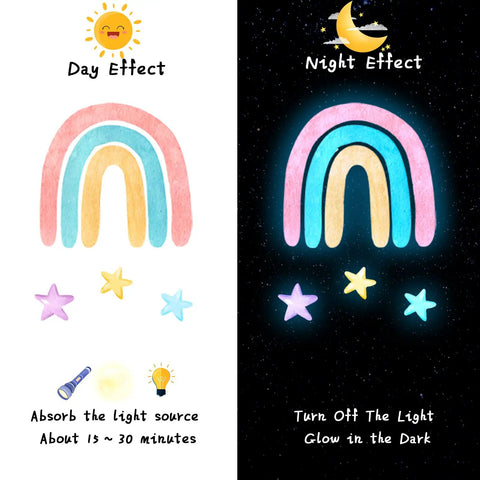 Rainbow Wall Decor Stickers Set With Hearts Stars Suns Watercolor Elements For Nursery Baby Bedroom Girls And Boys Luminous Blue 82 Pieces On Four Sheets Easy To Apply, showing day and night effect.