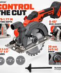 Compact Brushless Circular Saw Kit With Dual Six Inch Blades And Rip Guide Made For Heavy Duty Cordless Cuts, detail view showing depth adjustment and blade size.