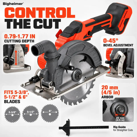 Compact Brushless Circular Saw Kit With Dual Six Inch Blades And Rip Guide Made For Heavy Duty Cordless Cuts, detail view showing depth adjustment and blade size.