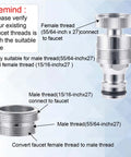 Diagram showing Sink To Hose Adapter Solid Brass 360 Degree Swivel Quick Connector with thread sizes and installation instructions.