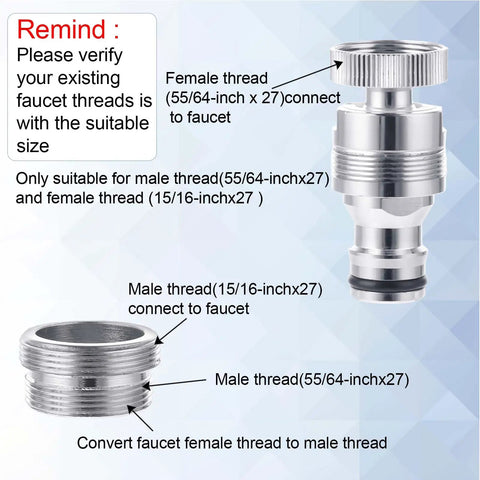 Diagram showing Sink To Hose Adapter Solid Brass 360 Degree Swivel Quick Connector with thread sizes and installation instructions.