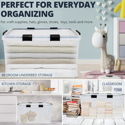 Super Sized 3 Pack Heavy Duty Waterproof Plastic Stackable Storage Totes 90 Quarts, ideal for organizing bedding, toys, and books.