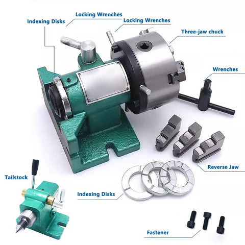Top Rated Cnc Rotary Indexing Table With Universal Dividing Head And 6 Inch 3 Jaw Lathe Chuck Sweet Milling Attachment Kit including three-jaw chuck and indexing disks.