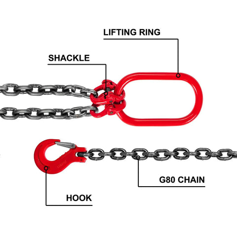 Heavy Duty 3 Eighth Inch By 5 Foot Double Leg Chain Sling With Grab Hooks G80 Manganese Steel Chain Ultra Tough Lifting Slings For Industrial Use 8800 Lb Working Capacity 4 Ton Lift Capacity showing shackle, lifting ring, hook, and G80 chain