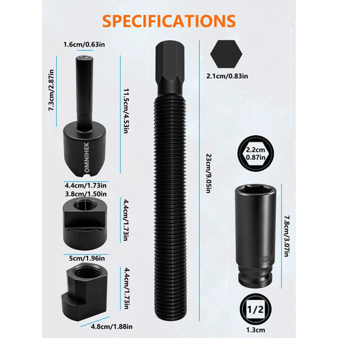 Heavy-Duty 5-Piece Dual Wheel Separator Kit With 11-Thread Pusher dimensions and components details