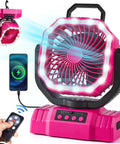 Portable Camping Fan With LED Lantern And 20000mAh Battery Auto Oscillation Remote Timer 360 Degree Rotation Hook Pink