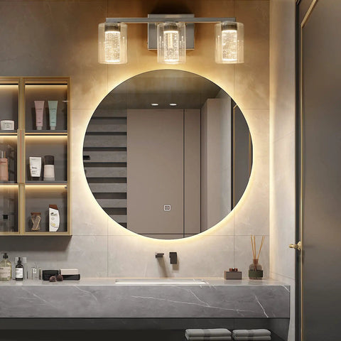 Three Light Brushed Nickel Vanity Light With Three Color Modes 3000K 4000K 6500K Eye Protection LED Bathroom Fixture over mirror.