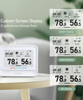 WiFi Thermometer Hygrometer With Weather Station And E Ink Display IBS TH5 showing weather, temperature, and humidity on a table