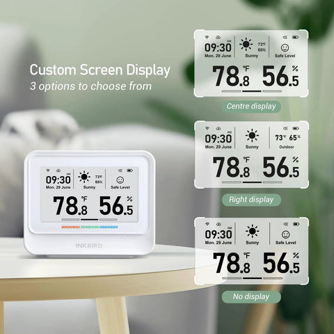 WiFi Thermometer Hygrometer With Weather Station And E Ink Display IBS TH5 showing weather, temperature, and humidity on a table