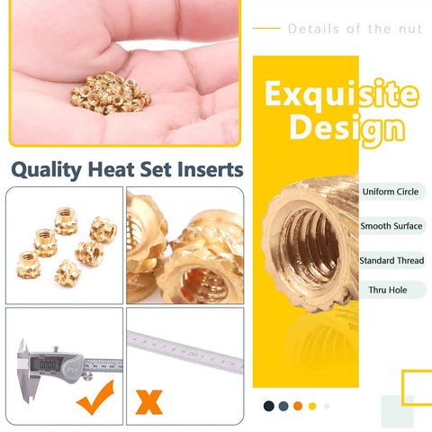 Brass Threaded Inserts Kit With Knurled Heat Set Inserts 300 Piece 15 Size Assortment From M2 To M6 For 3D Printing And Plastic Projects Sturdy Case Included shown close-up and measured for precision.