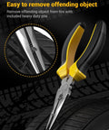 Flat Tire Repair Kit With Air Compressor 54 Piece Emergency Tool Set pliers removing object from tire