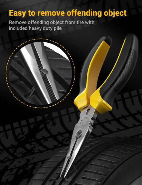 Flat Tire Repair Kit With Air Compressor 54 Piece Emergency Tool Set pliers removing object from tire