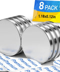 8-pack neodymium disc magnets with double-sided adhesive; silver metal, 1.18 in dia x 0.12 in thick, front view