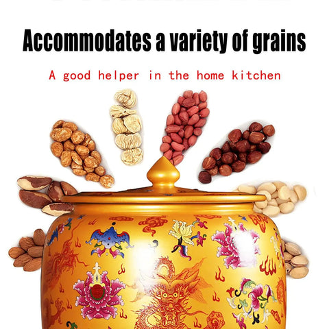 Handcrafted Ceramic Rice Jar With Lid For Kitchen Flour Storage, Glazed Grain Dispenser And Coffee Bean Canister, Solid Stoneware Pantry Vessel showing assorted grains and nuts.