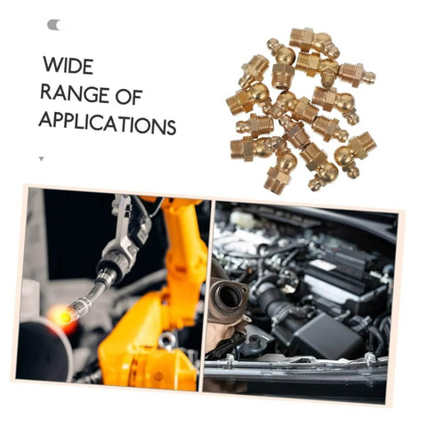 Image showing All In One Brass Grease Fittings And Nozzles Kit With Straight And Angled Options For Bearings And Mechanical Equipment, no disassembly required.