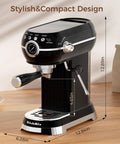 Pro Espresso Maker With Auto Milk Frother 20 Bar Pressure on wooden countertop, stylish black design with measurement labels.