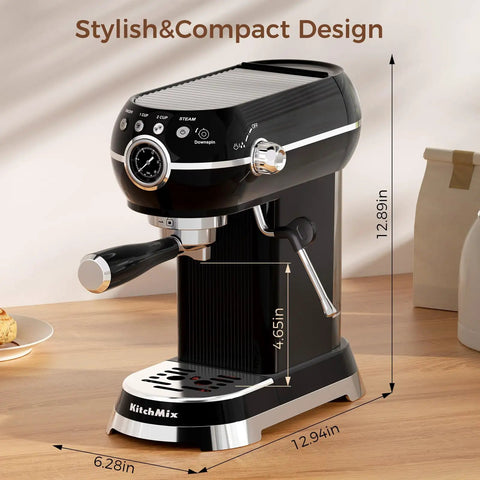 Pro Espresso Maker With Auto Milk Frother 20 Bar Pressure on wooden countertop, stylish black design with measurement labels.
