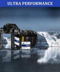 Heavy Duty 128Mb Compact Flash Memory Card Type I FAT16 Industrial Grade CF Card in camera slot with lens and ice background.