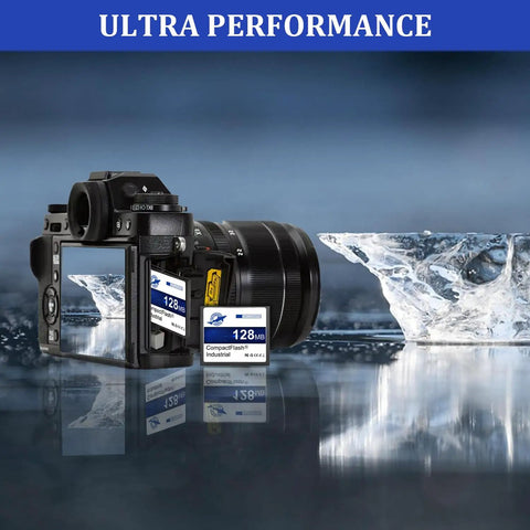 Heavy Duty 128Mb Compact Flash Memory Card Type I FAT16 Industrial Grade CF Card in camera slot with lens and ice background.
