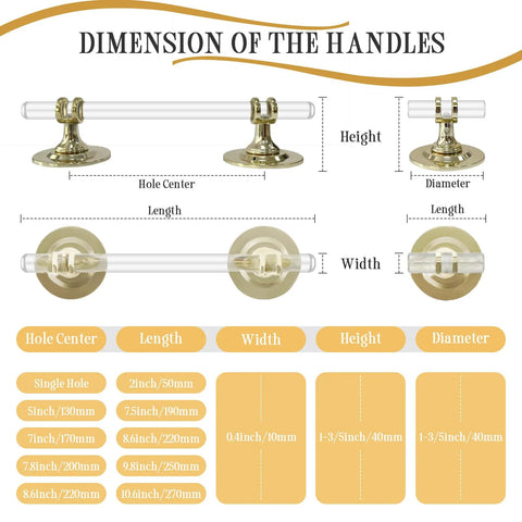 Dimension chart for Two Pack Clear Acrylic Adhesive Cabinet Pulls with center hole, showing measurements for length, width, height, diameter.