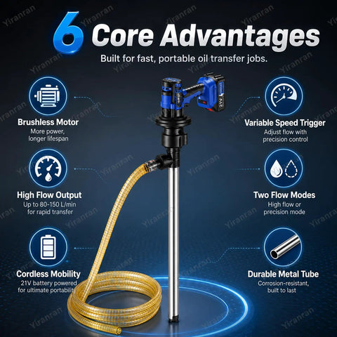 Cordless Electric Oil Drum Pump With 92cm Stainless Steel Tube And Long Hose For Diesel Fuel Transfer Brushless Motor High Flow Rate Fast Transfer Jobsite Convenience Heavy Duty Battery Operated Portable