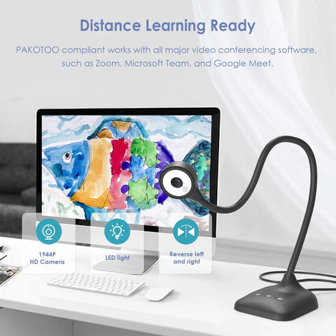 Straight Plug Usb Document Camera With Webcam Toggle For Teachers And Streamers Boasting A3 Scanning Adjustable Gooseneck Stand Bright LED Array.