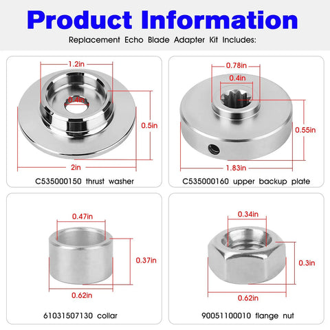 Components of Weed Trimmer Blade Conversion Kit For Echo SRM Series with measurements and part numbers displayed
