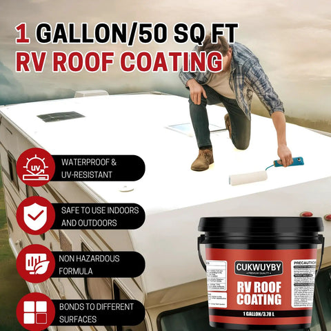 RV Roof Sealant 1 Gallon Quick Drying Solar Reflective Coating For Camper And Travel Trailers Leak Repair Flexible Waterproof Membrane Paint In White Weatherproof And Flexible For All Seasons applied on RV roof