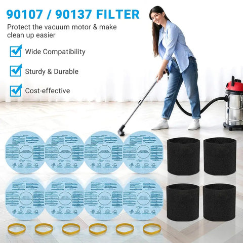 Eight Pack Reusable Dry Filters With Foam Sleeve Kit For Heavy Duty Five Gallon And Up Wet Dry Vacuums Replacement Filter Set