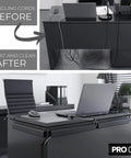 J Channel Cable Raceways For Under Desk Wire Management Six 16 Inch Black Cable Channels With Adhesive Mounting Tape No Screws No Drills Hide Computer Cords And Keep Your Workspace Clean And Tidy before and after setup showing reduced visible wires.