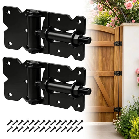 Heavy Duty Self-Closing Gate Hinges For Wooden And PVC Fences, Adjustable Spring Tension, Self-Closing Gate Hardware Kit, Black Finish, 2-Pack For Garden Gates And Fences on wooden gate