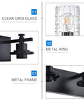 4 Light Matte Black Bathroom Vanity Lights Over Mirror With Clear Glass Grid Shades, metal frame and rings detail view