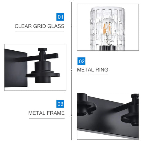 4 Light Matte Black Bathroom Vanity Lights Over Mirror With Clear Glass Grid Shades, metal frame and rings detail view