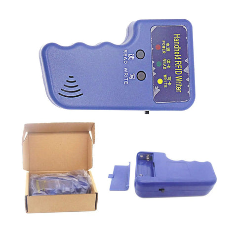 Handheld 125KHz RFID Copier And Card Duplicator For T5577 EM4305 in blue with packaging and battery compartment view.