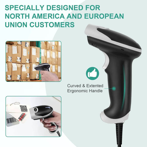 No-Fuss Handheld USB Barcode Scanner with curved ergonomic handle, wired for plug and play, suitable for Windows, Mac, Linux systems.