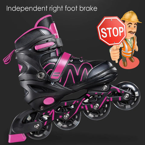 Adjustable Light Up Inline Skates For Kids Teens And Adults With Triple Protection Laces Strap And Buckle Smooth Comfort Boot Durable Roller Blades For Boys And Girls Awesome For Beginners And Park Sessions, featuring pink and black design with right foot brake.