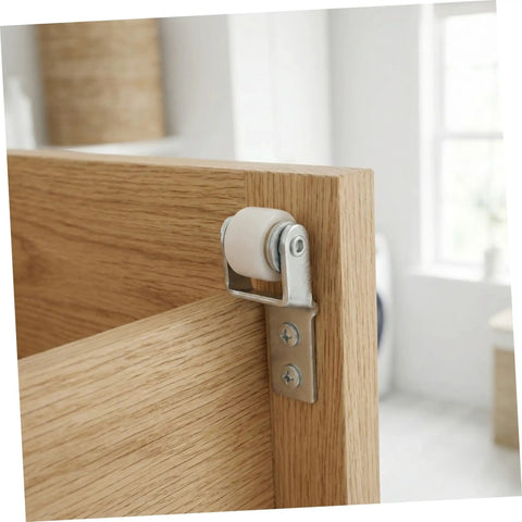 Heavy Duty Nylon Sliding Door Rollers With Smooth As Butter Ride For Cabinets And Drawer Units Features Six One Inch White Pulleys mounted on a wooden cabinet.