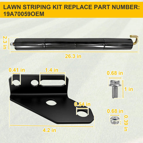 Pro Grade Lawn Striping Kit For 50, 54, 60 Inch Deck Zero-Turn Mowers Easy Install shown with measurements and hardware components.