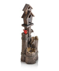 3 Tier Outdoor Birdhouse Water Fountain With Cardinal Accent, rustic brown garden decor, 35 inch tall, wooden finish design
