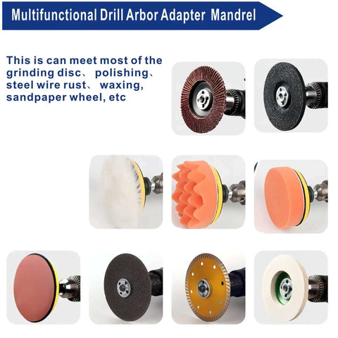 Electric Drill Grinder Wheel Disc Adapter Kit with 6 mm and 10 mm Shafts showcasing various polishing discs and spanners.