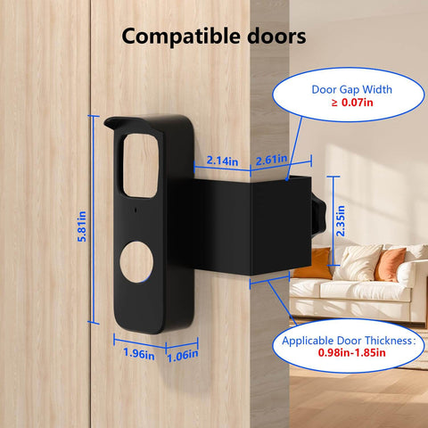 Black anti theft no drill door mount for Blink Video Doorbell 2021 1st Gen, shown installed on wooden door with measurements