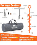 Package contents of 15 Inch Ground Anchors Screw In Stakes 6 Pack Beefy Heavy Duty Spiral Trampoline And Swing Set Stakes with tools.