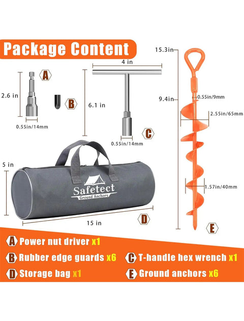 Package contents of 15 Inch Ground Anchors Screw In Stakes 6 Pack Beefy Heavy Duty Spiral Trampoline And Swing Set Stakes with tools.