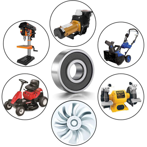 Center: Donepart R16-2RS ball bearing, 1 in bore, 2 in OD, 1/2 in thick, 2-pack; drill, mower, blower, grinder, fan.