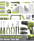 Smooth Operator 20V Cordless Drill Driver With 199 Piece Power Tool Set Including Two Batteries Quick Charger Led Light And Rugged Tool Box For Easy Home Projects Furniture Assembly And Wood Metal Drilling Built Tough To Crush Any Job featuring various tools and drill.