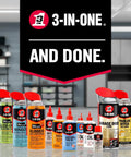 Various 3-in-One oil products displayed on a table with focus on Dry Lube Drip Oil For Tools And Gear Pro Grade, 100 Percent Dry To Touch.