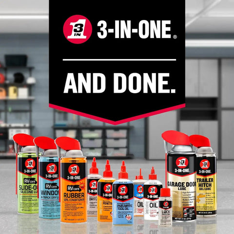 Various 3-in-One oil products displayed on a table with focus on Dry Lube Drip Oil For Tools And Gear Pro Grade, 100 Percent Dry To Touch.
