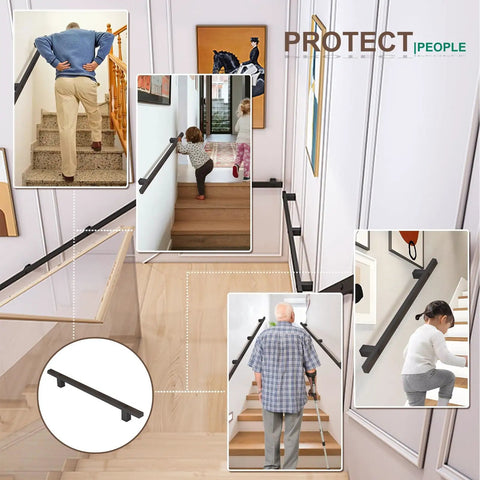 Rock Solid Wrought Iron Stair Railing Black Handrail For Staircase With Concealed Screw Mounts, shown in family home for safety.