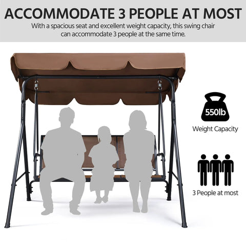 Three Seat Outdoor Porch Swing With Adjustable Canopy, Armrests And Included Stand, brown, capacity for three people, weight limit marked.